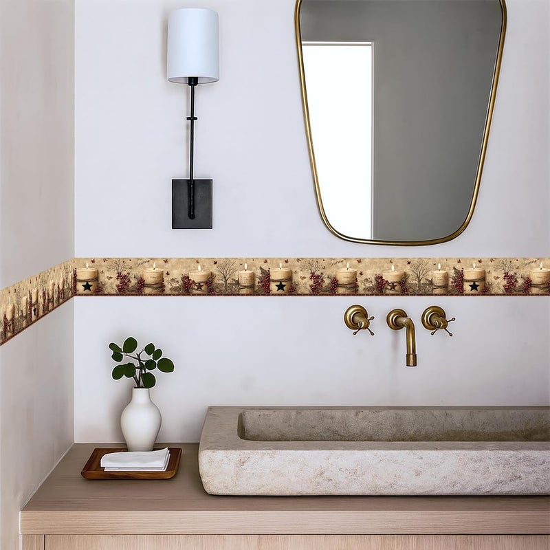IOHEFY Rustic Farmhouse Wallpaper Border Peel and Stick 196x4 Inch Removable Wall Border Vintage Candle Floral Wall Trim for Kitchen Bathroom Living Room Country Home Decor - Image 3